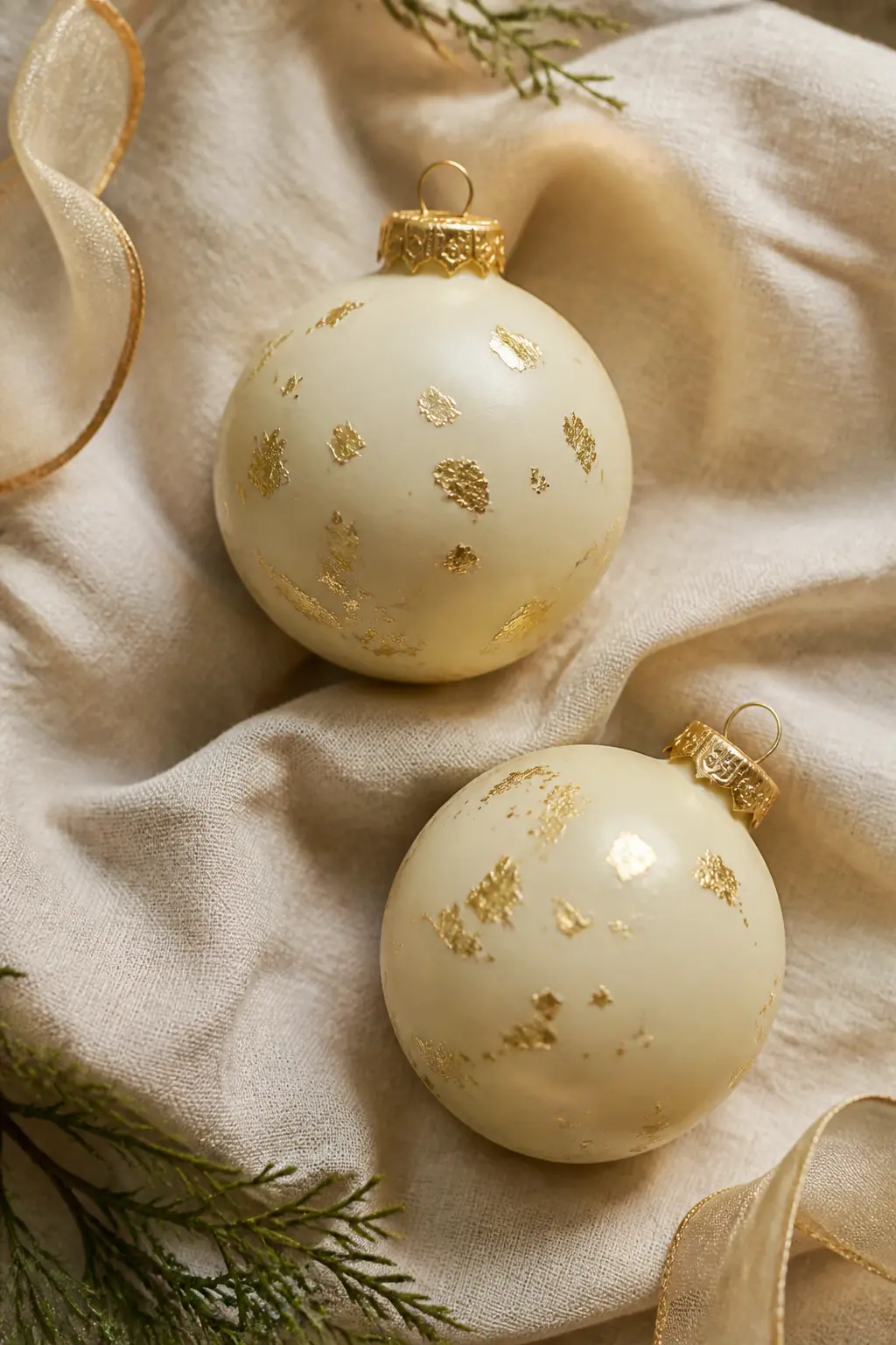 Gold Leaf Flecks on Plain Cream Baubles — Plain cream baubles with irregular gold leaf flecks applied by hand look bespoke. Elegant christmas tree decorations