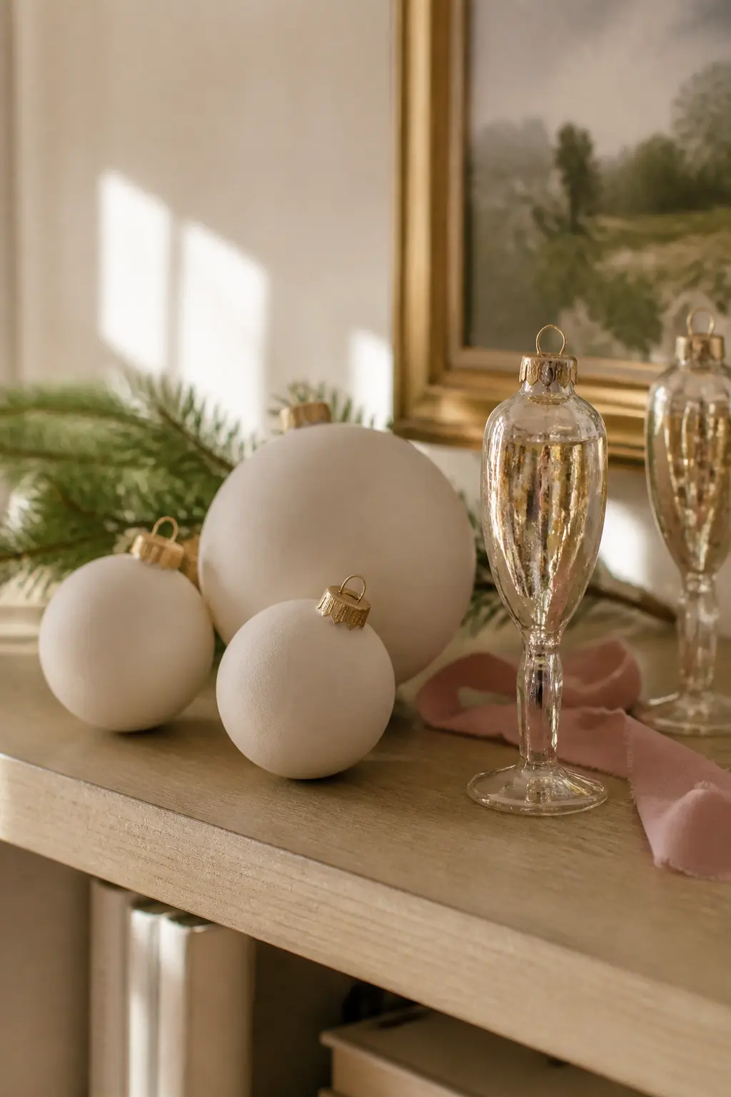 Matte Ceramic Baubles Mixed with Glass — Ceramic baubles have a weight and a surface that glass cannot replicate. Elegant christmas tree decorations