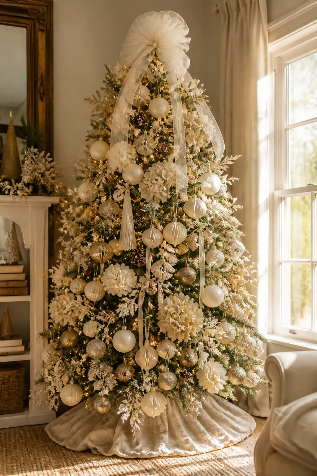 A Monochrome Cream Tree, Texture Only — Every ornament, ribbon, skirt, topper and botanical on this tree is cream. Elegant christmas tree decorations