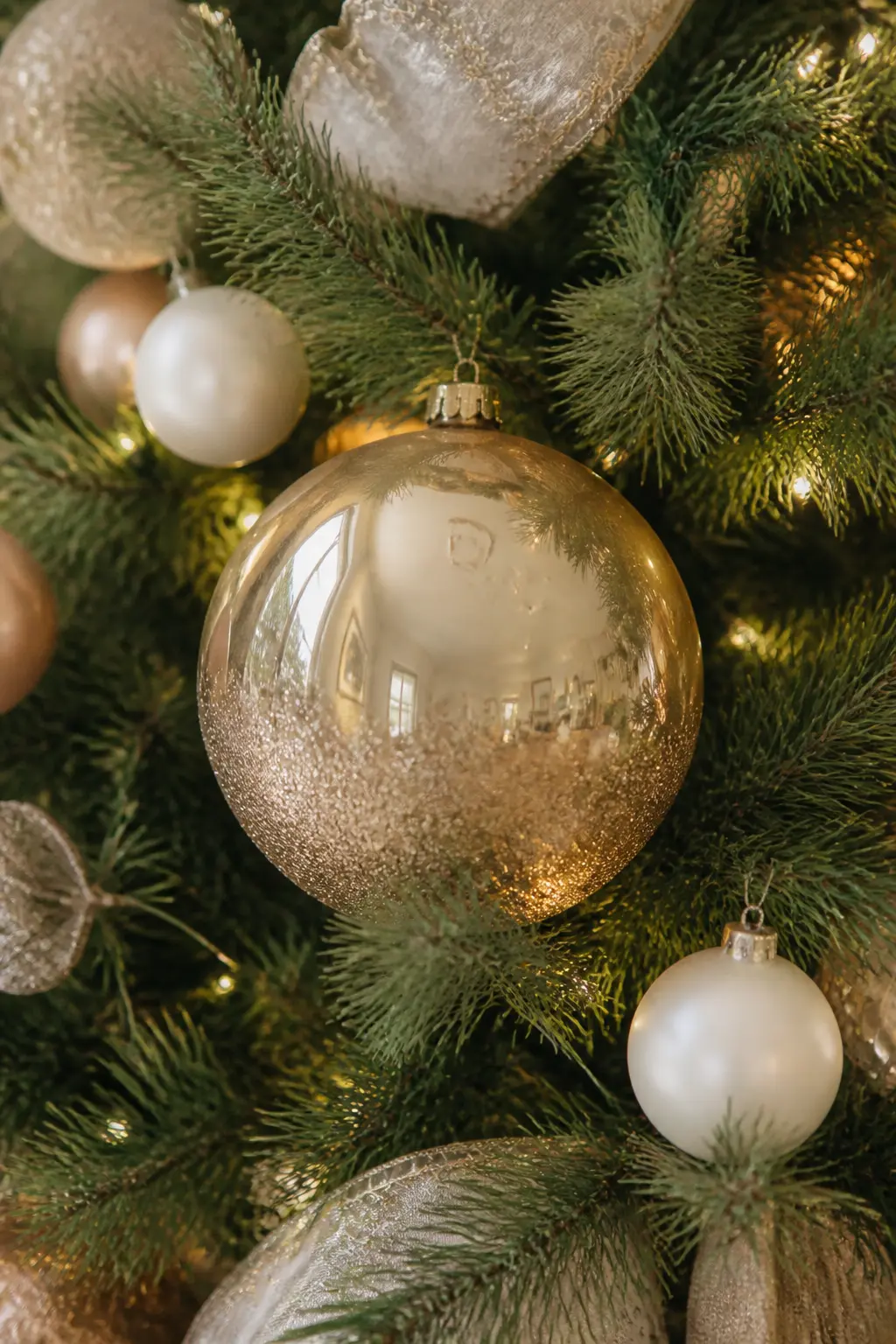 One Oversized Bauble at Four Points — One bauble in a size noticeably larger than everything else, hung at four evenly spaced points around the tree, gives the