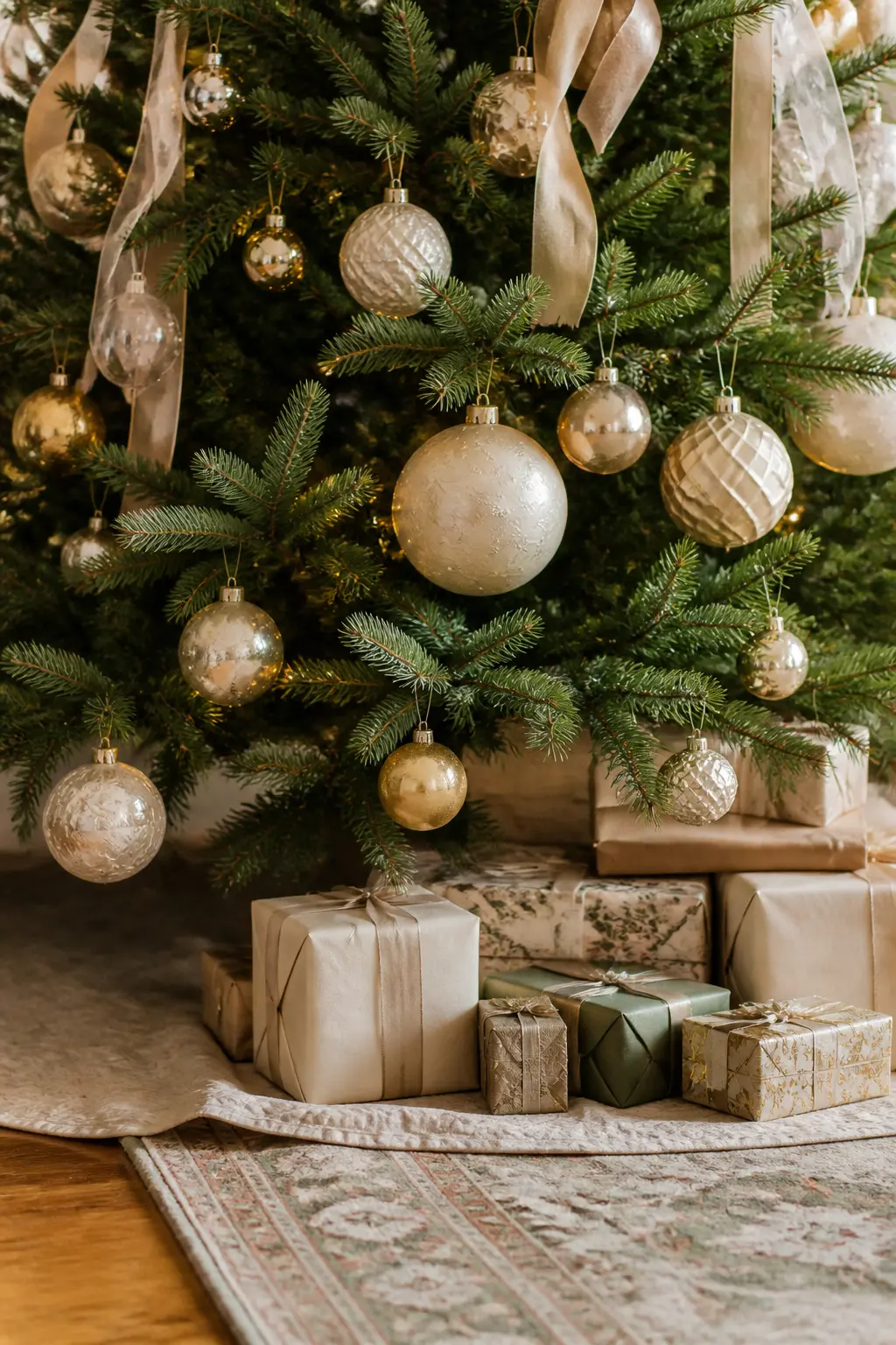 Ornaments Graduated Large to Small — Hang the largest baubles near the base, medium ones in the middle third, and the smallest near the top. Elegant christmas