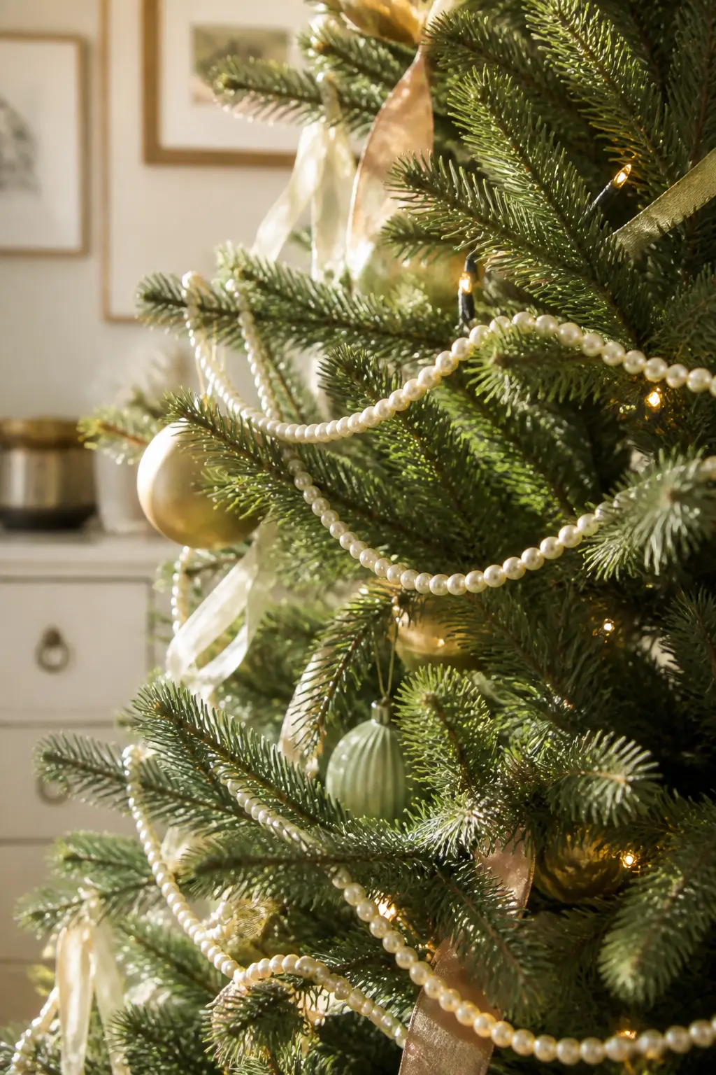 Pearl Strands in Place of Tinsel — Drape pearl bead strands through the branches the way you would a garland: in loose, unhurried loops, not pulled tight.