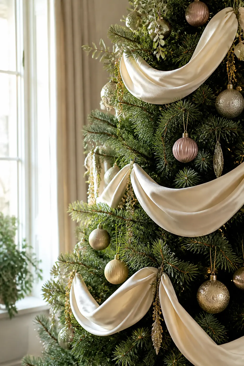 Ribbon Draped in Loose Swags — Instead of spiralling ribbon tightly around the tree, gather it into loose, low swags that hang between branches like a gentle