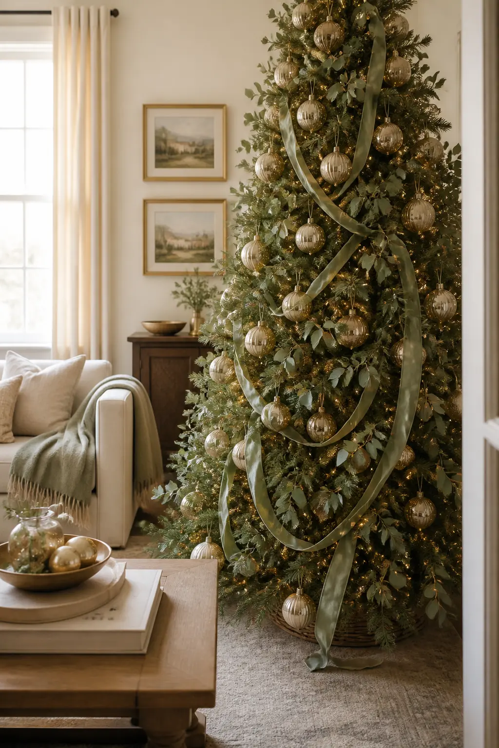 Sage and Champagne with No Red — A sage and champagne tree is the one that most people save to a board and then talk themselves out of. Elegant christmas tree
