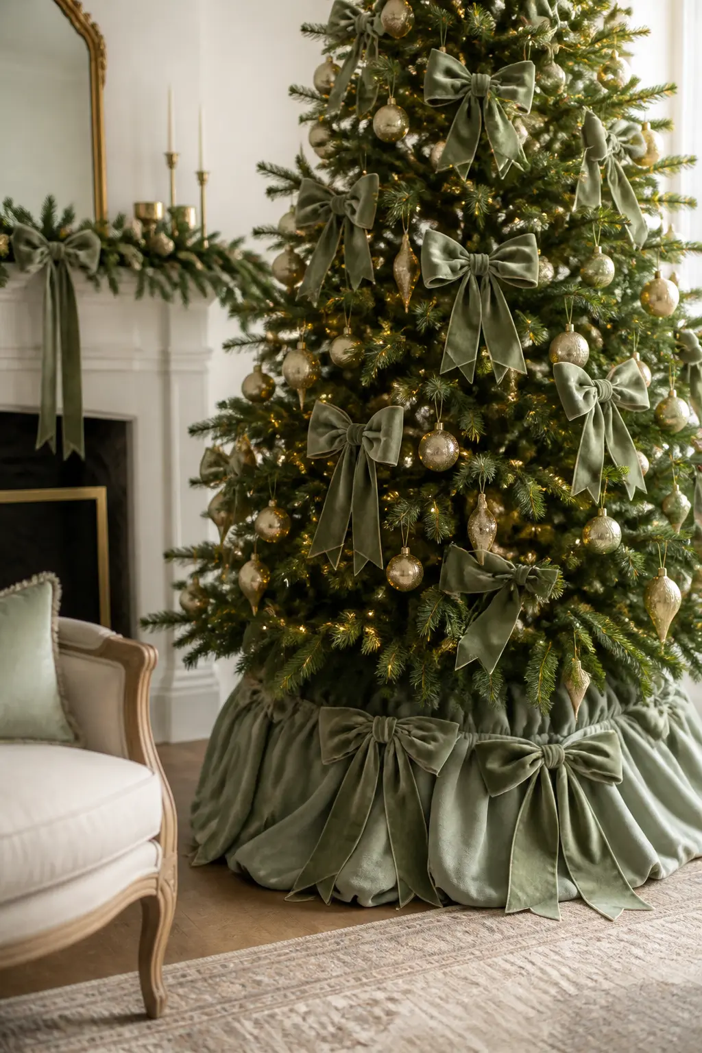 A Single Ribbon Colour in Bows, Skirt and Garland — Choose one ribbon colour and use it in three places: tied in bows on the branches, as a detail on the tree