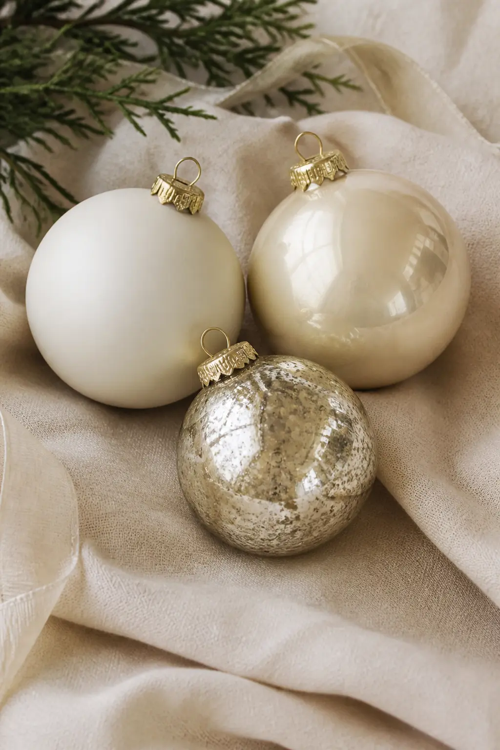 Three Finishes Only: Matte, Gloss and Mercury Glass — Choose one colour in three finishes: matte, high-gloss and mercury glass. Elegant christmas tree