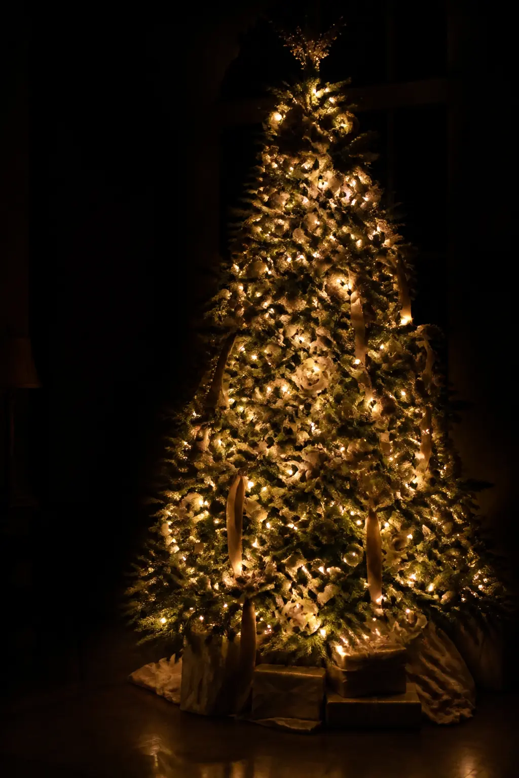 The Tree at Night, Lit Only by Its Own Lights — Turn off every other light source in the room and photograph or simply sit with the tree lit only by its own