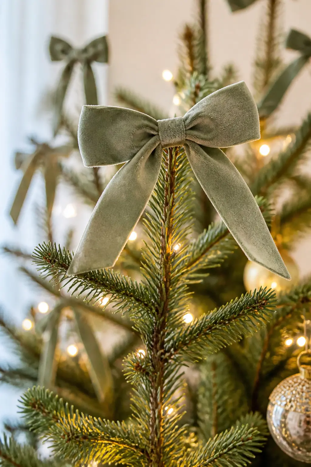Velvet Bows at the Branch Tips — Tie small velvet bows, 8 to 10 cm across, at the very ends of a dozen branches across the mid and upper sections of the tree.