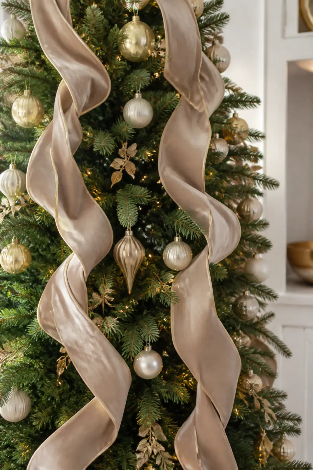 Velvet Ribbon Woven in Three Columns — Take one wide velvet ribbon in champagne or dusty sage and weave it vertically up the tree in three loose columns rather