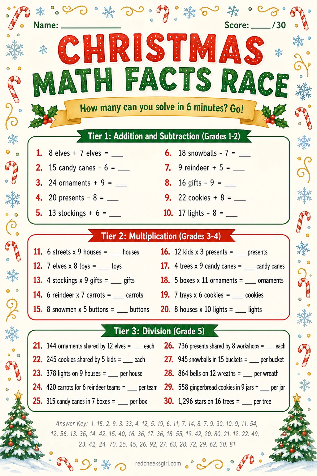 Printable Christmas math facts race with 30 problems in three grade tiers and an answer key