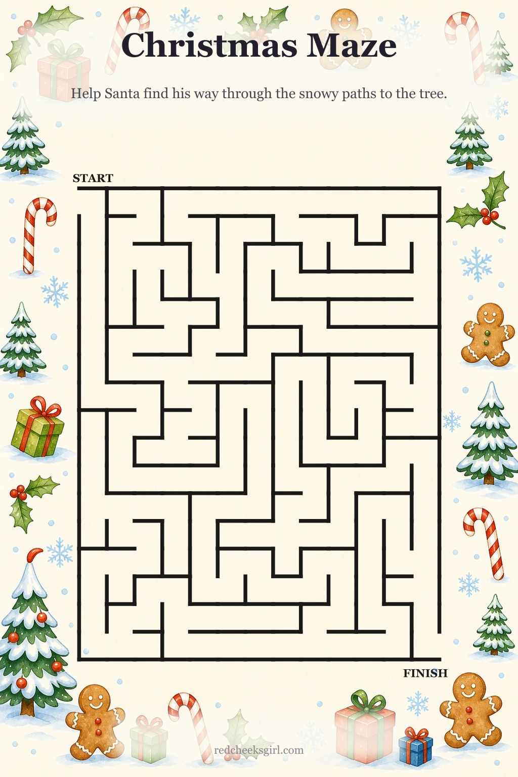 Printable Christmas maze where kids help Santa get from his workshop to his sleigh