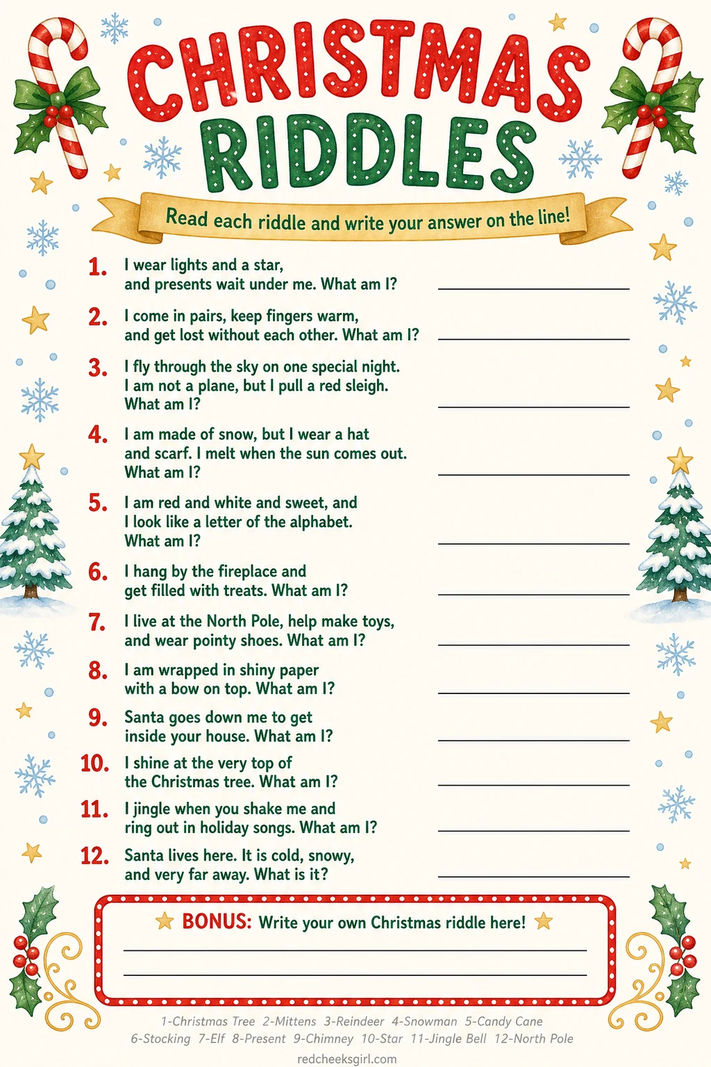 Printable Christmas riddles worksheet with 12 riddles and an answer key