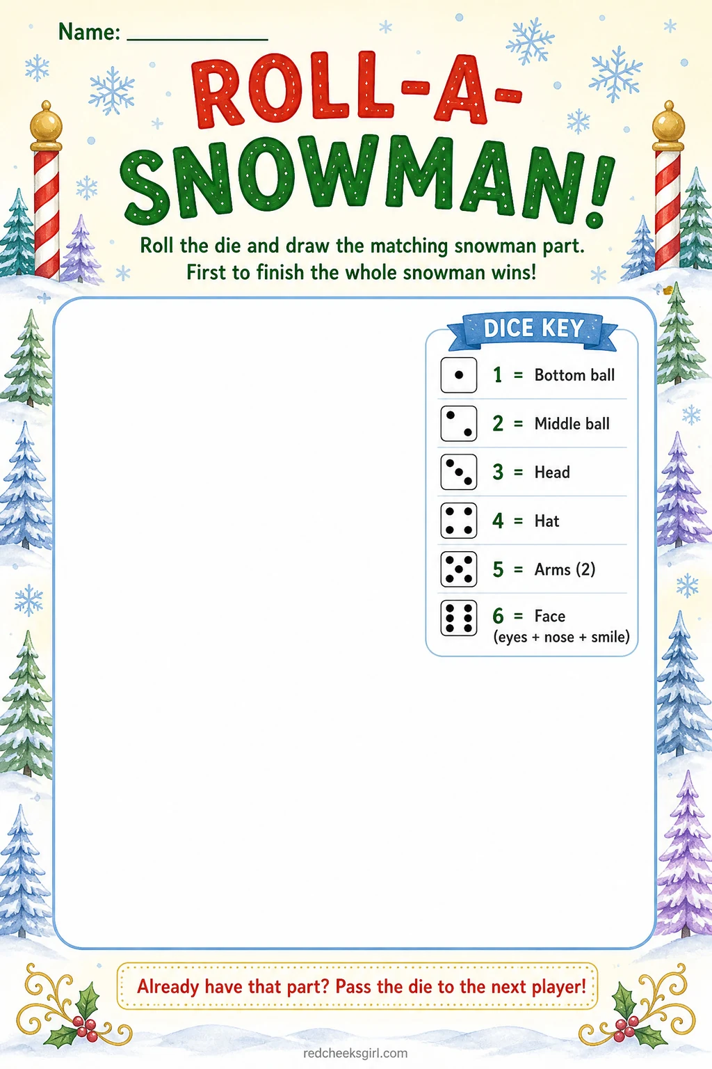 Printable Roll-a-Snowman dice game with a dice key for elementary kids