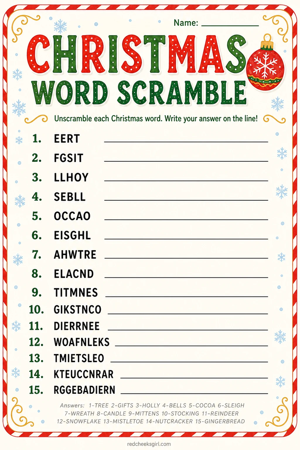 Printable Christmas word scramble for elementary kids with 15 words and an answer key