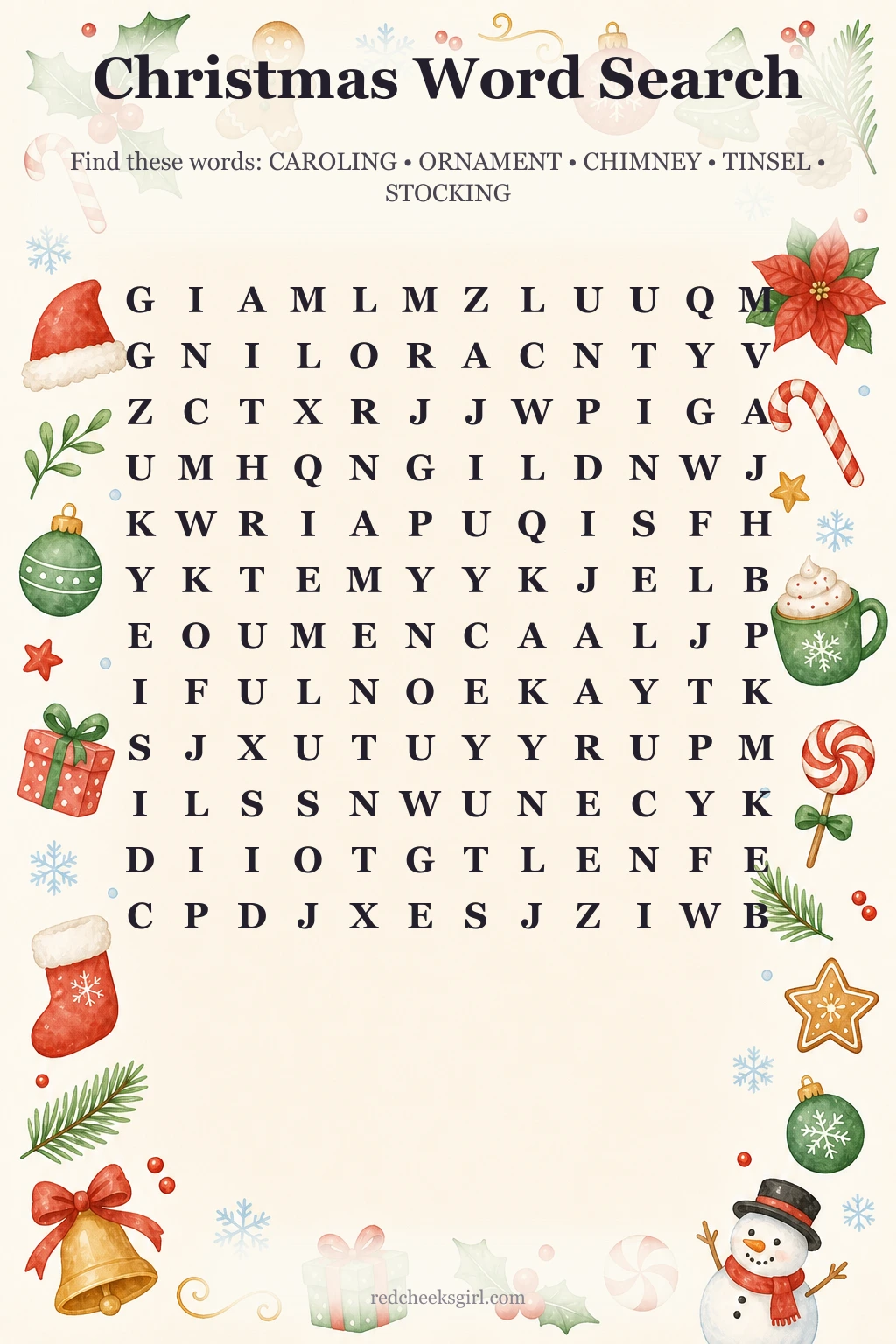 Printable Christmas word search for elementary kids with 15 words and a word bank
