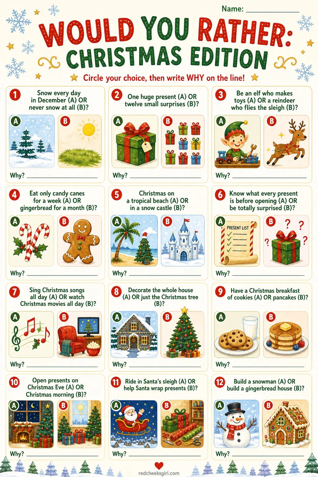 Printable Christmas Would You Rather sheet with 12 picture questions for elementary kids