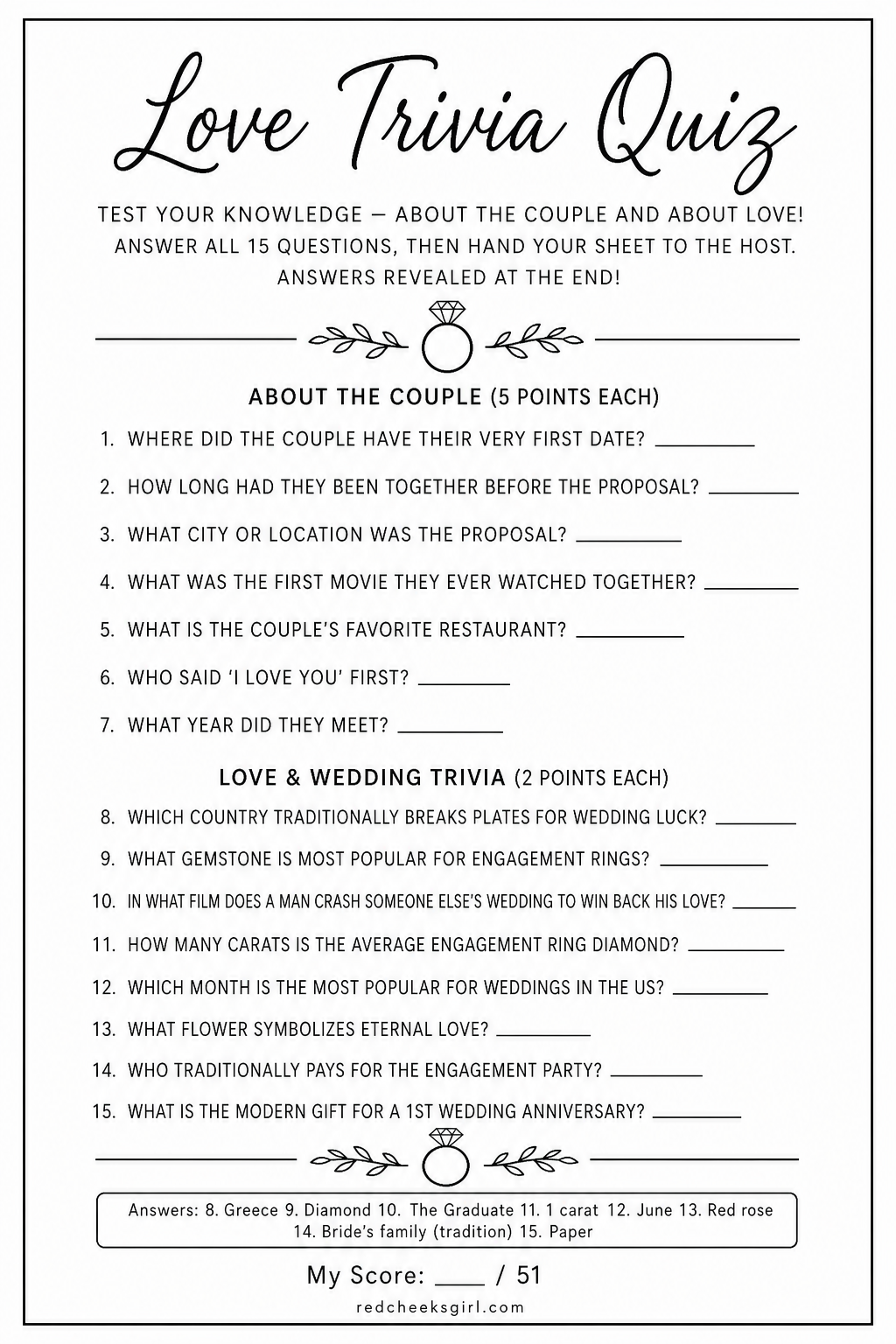 Love Trivia Quiz printable