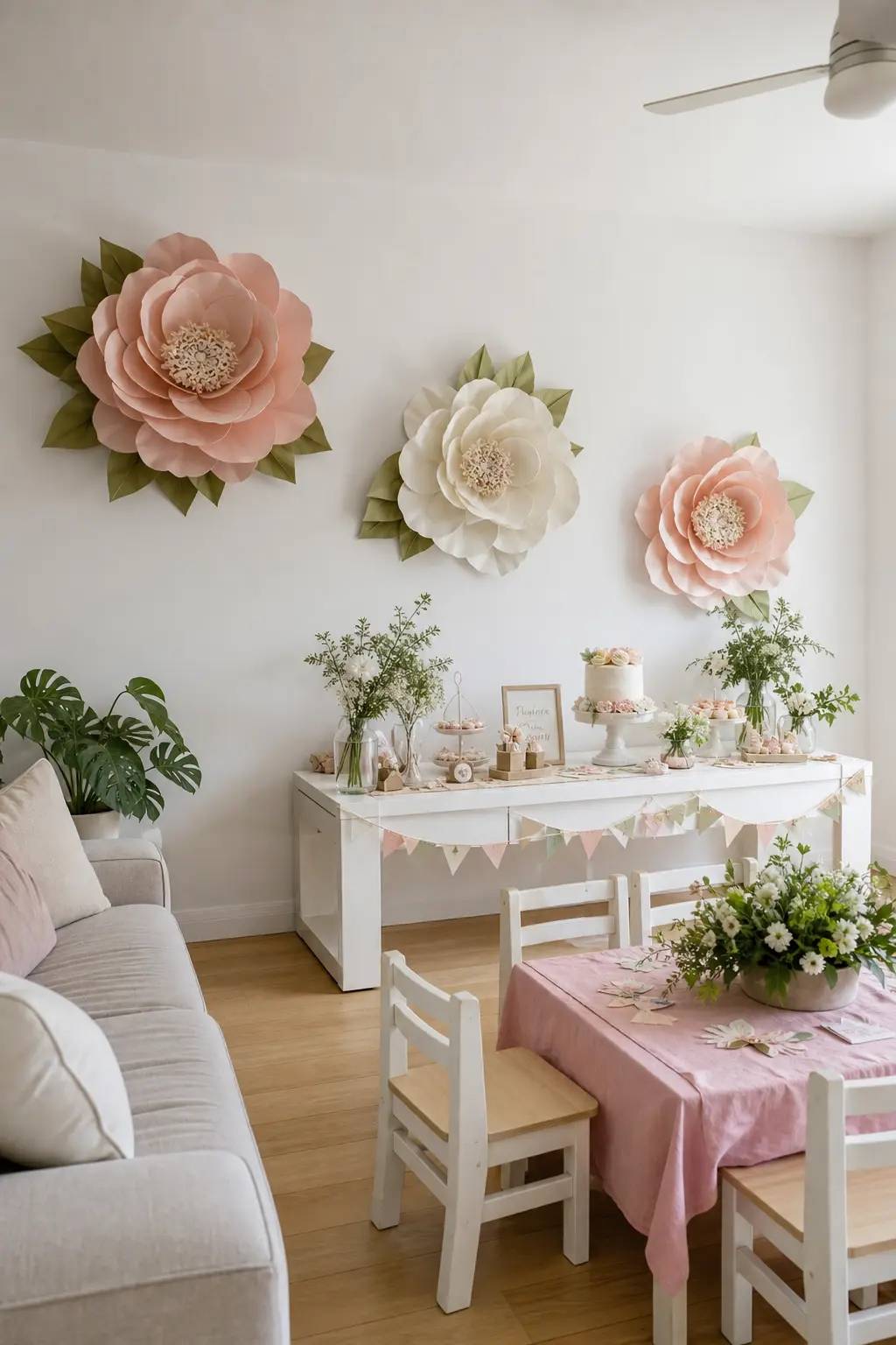 Oversized Paper Flowers Scattered Through the Room