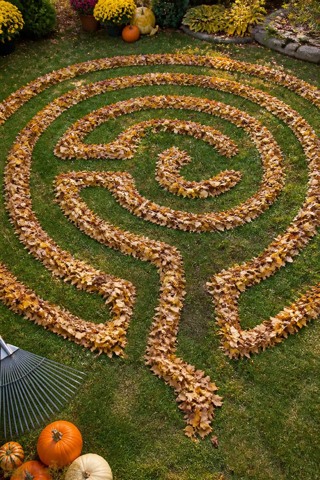 Raking Leaves Into a Maze Pattern on the Lawn