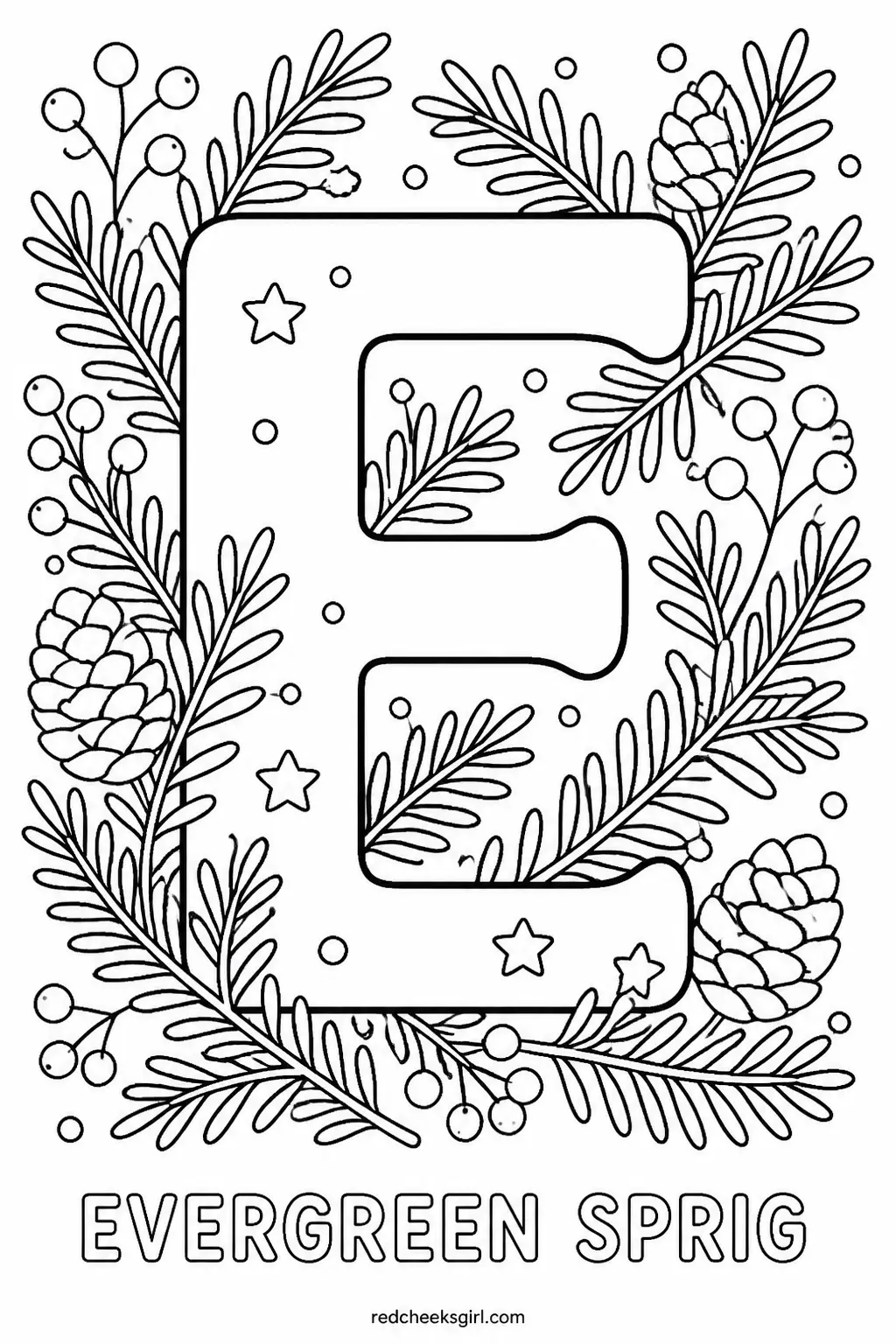 Letter E, Evergreen Sprig printable