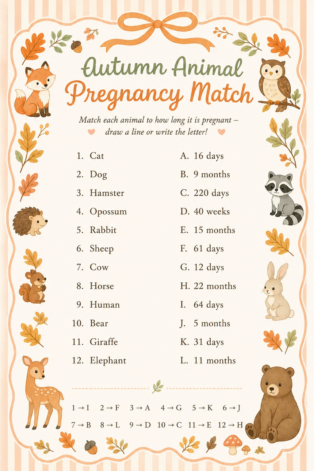 Autumn Animal Pregnancy Match printable