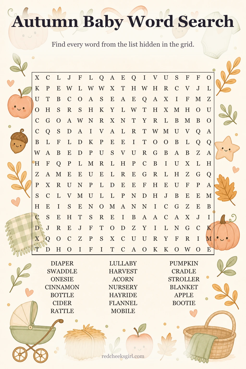 Autumn Baby Word Search printable