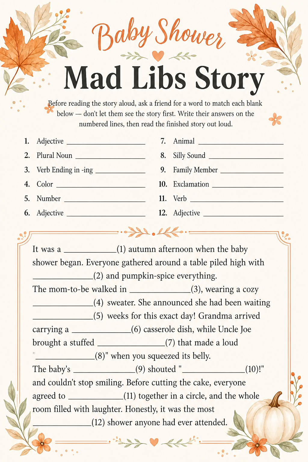 Baby Shower Mad Libs Story printable