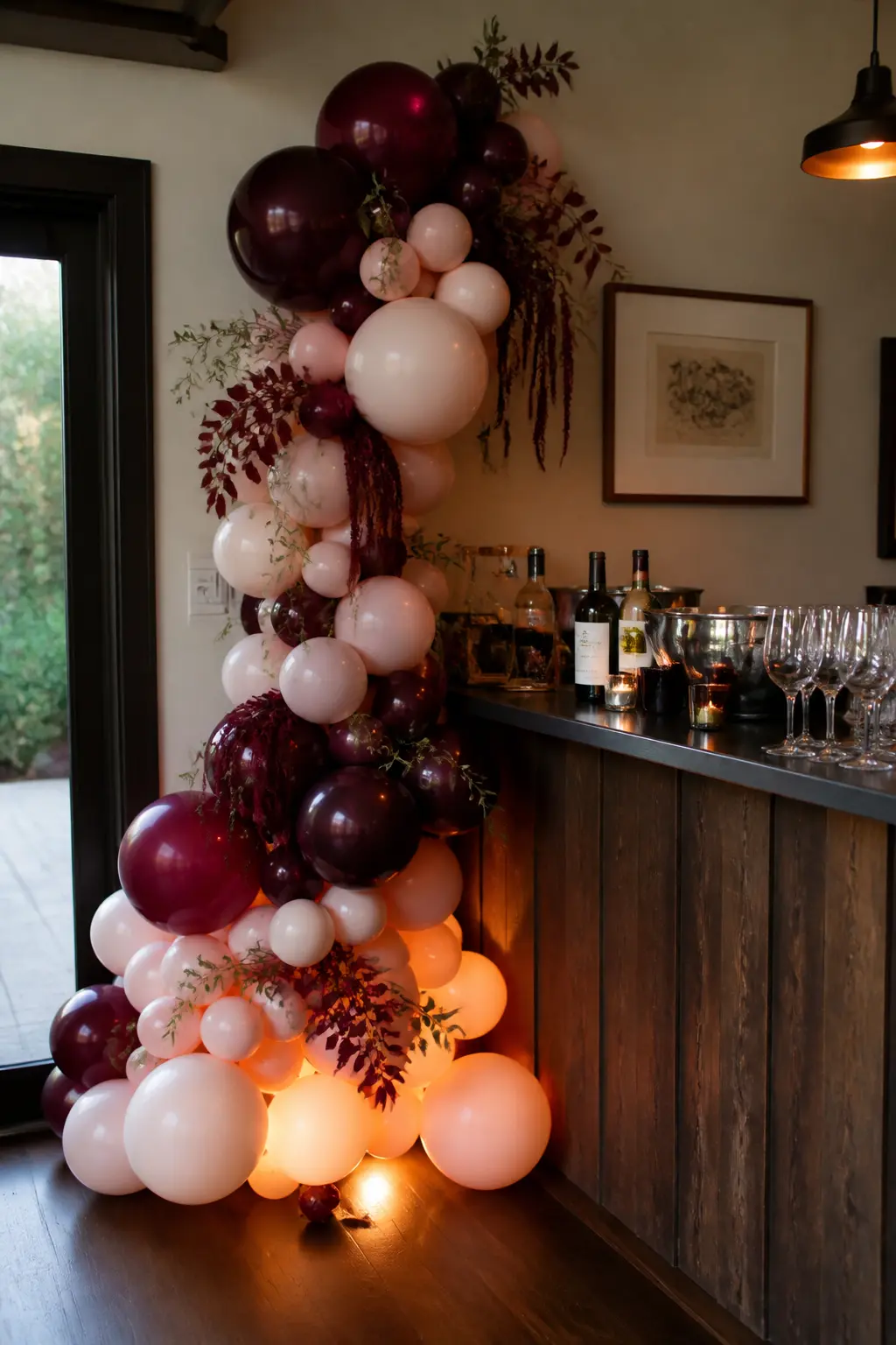 Burgundy and Blush Cascade Beside a Bar for an October Evening Party — Build a full one-sided cascade in burgundy and blush against the wall beside a bar or