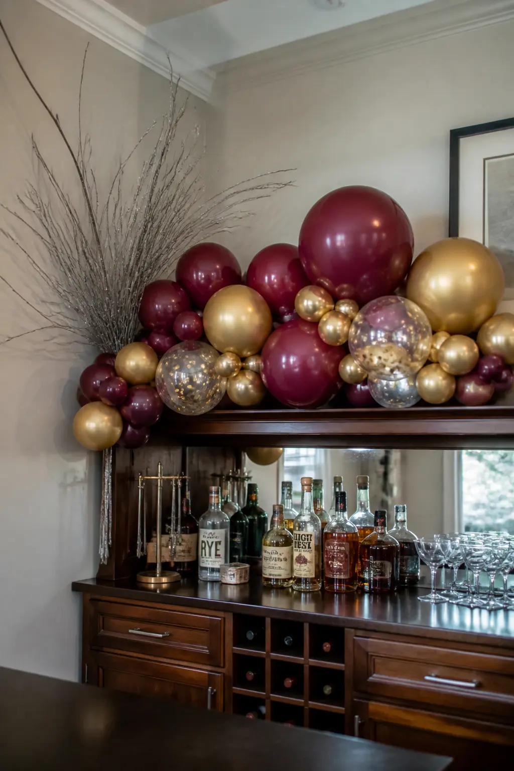 Burgundy and Gold Garland Behind a Bar with Bare Twigs Fanning from One Side — Fix a burgundy and gold balloon garland behind a home bar or drinks table