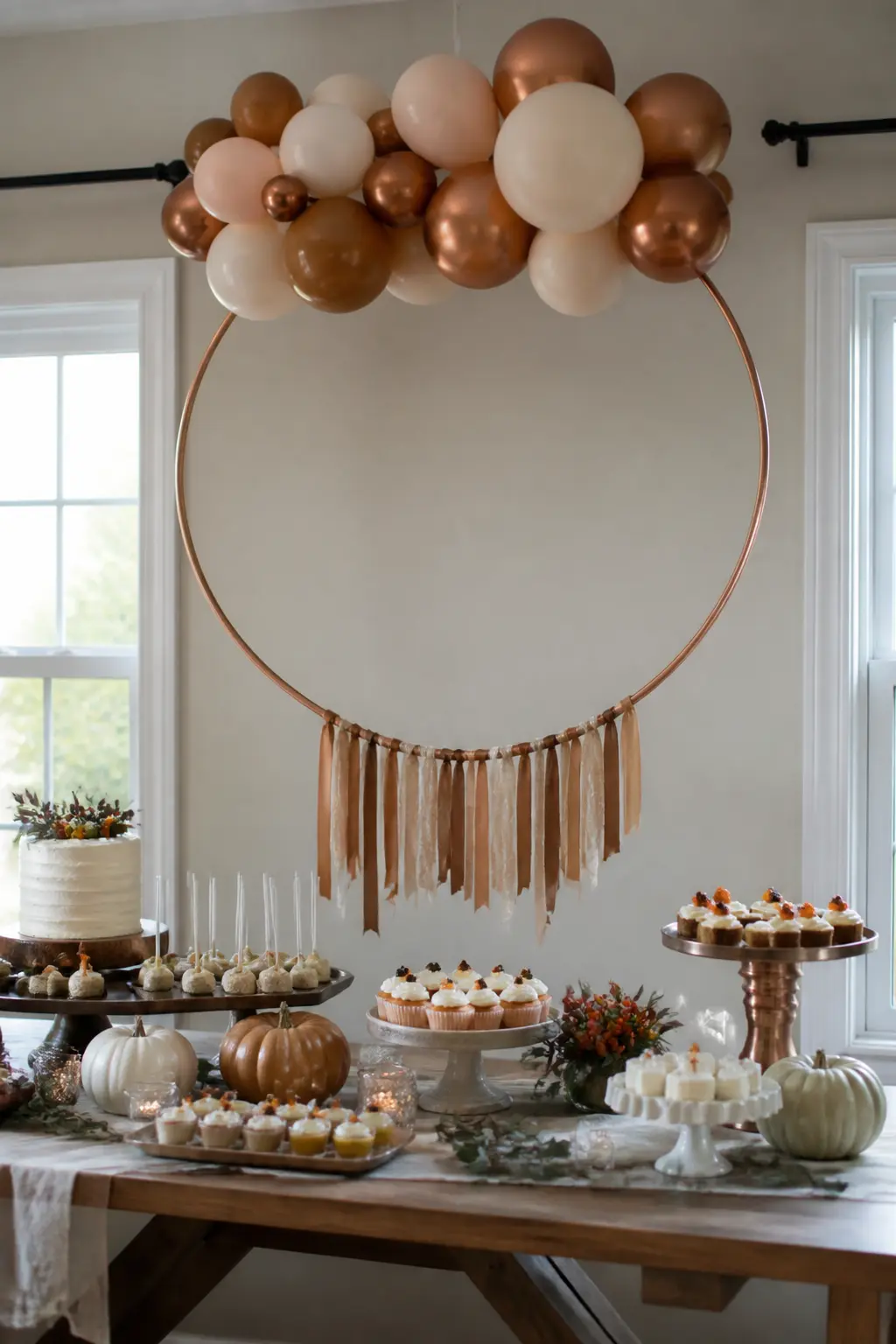 Caramel, Cream and Copper Hoop Above an Autumn Dessert Table — Hang a copper-sprayed hoop above a dessert table at a wedding or anniversary dinner and cluster