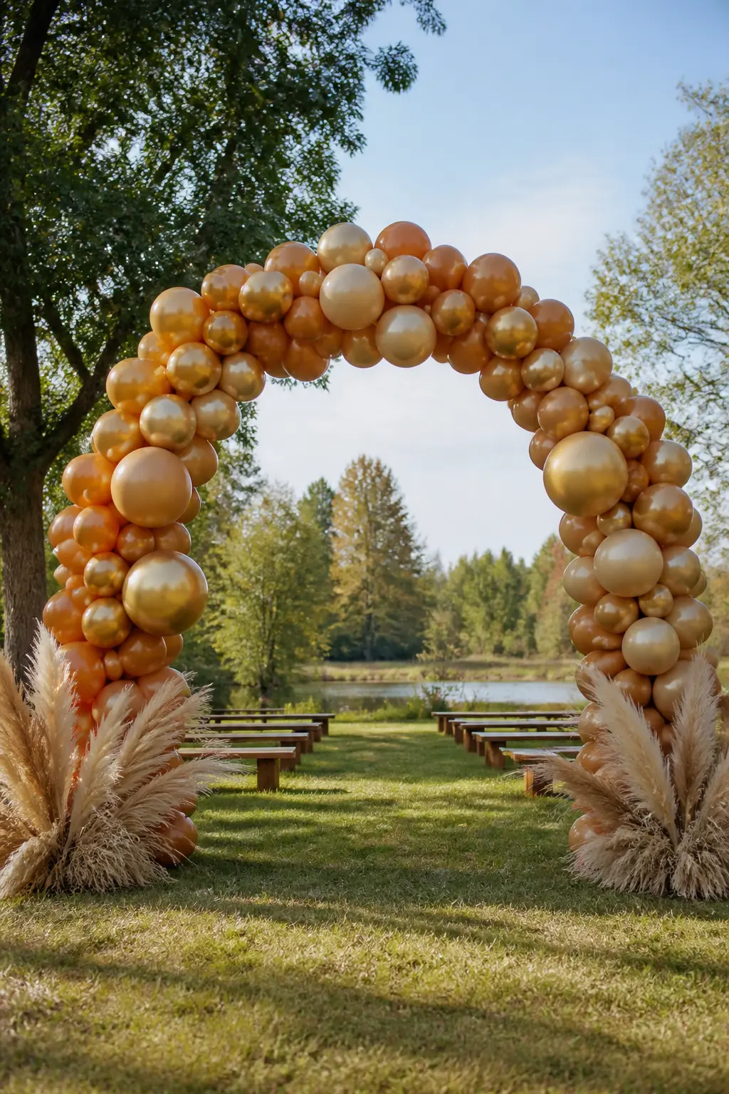 Caramel and Gold Arch Over a Fall Wedding Ceremony Spot with Pampas — Build a full arch in caramel and gold over a ceremony spot outdoors or in a barn, and