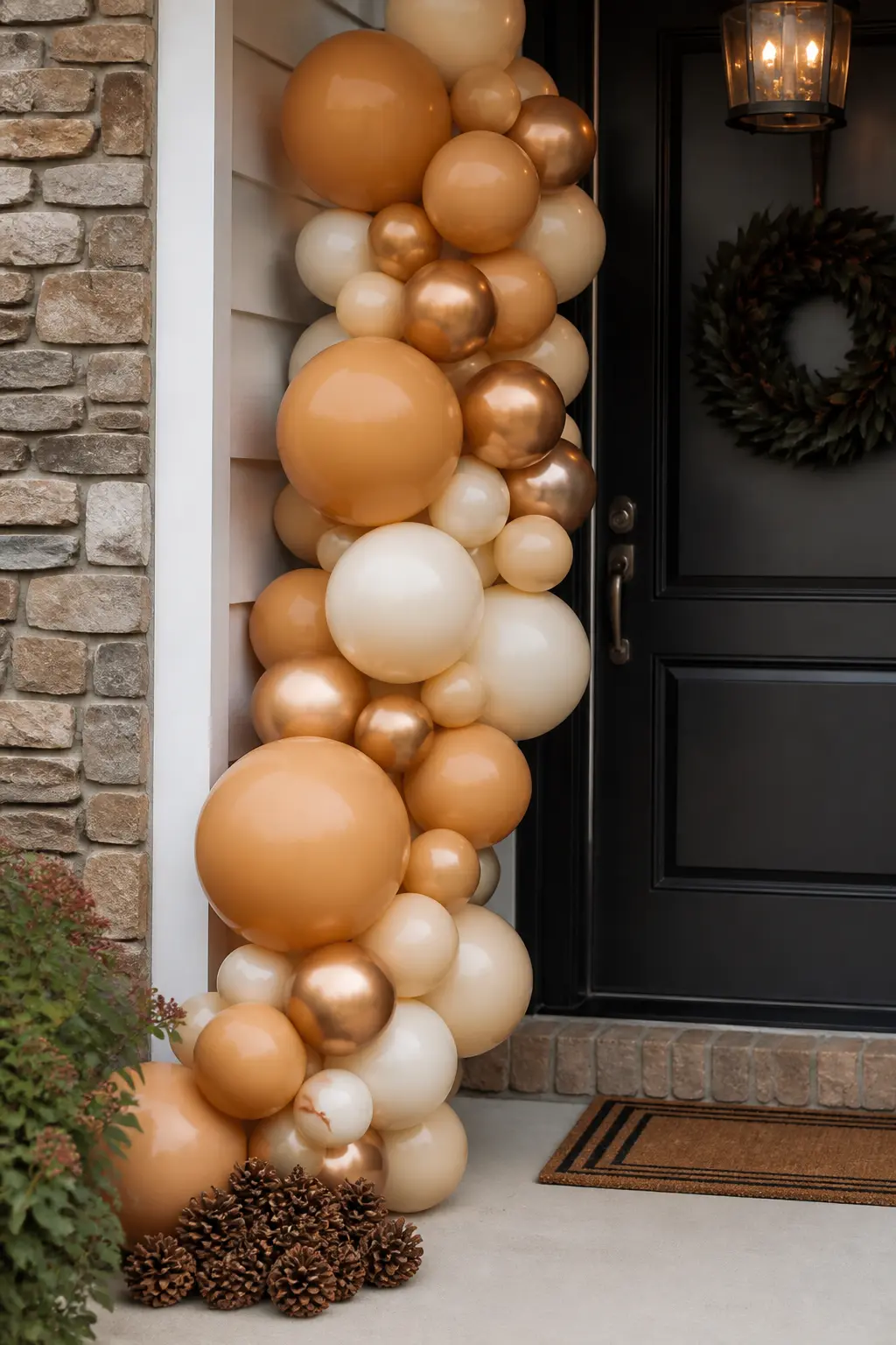 Caramel, Ivory and Bronze Cascade Beside a Front Door with Pinecones at the Base — Build a one-sided cascade against the wall beside a front door, running from