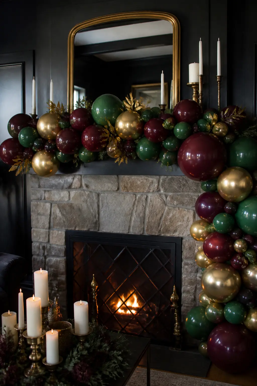Deep Green, Burgundy and Gold Garland Along a Mantel for a November Party — Dress a fireplace mantel with a deep green, burgundy and gold balloon garland for