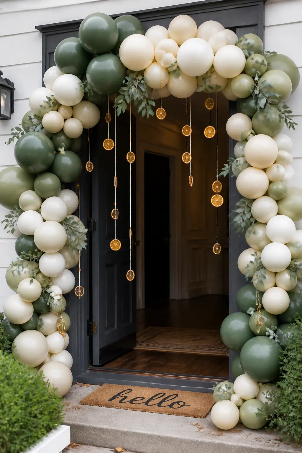 Deep Green, Cream and Dried Orange Arch at an October Birthday Entrance — Frame a birthday party entrance, a doorway or a garden arch, with deep green, cream
