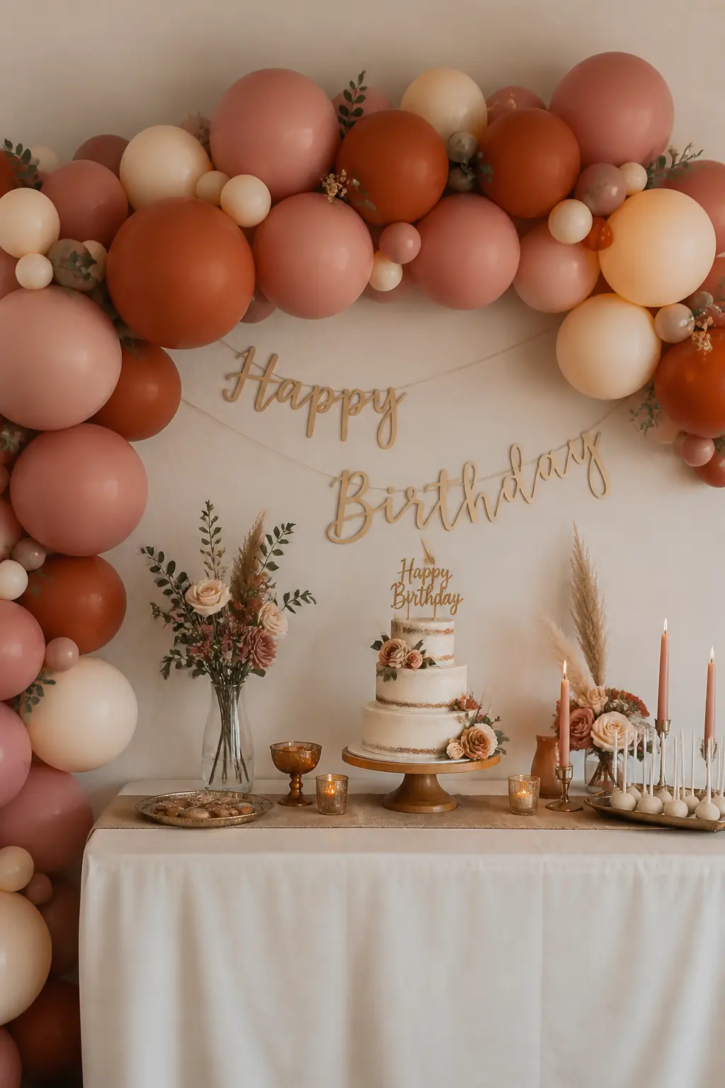 Dusty Pink, Rust and Cream Arch Over a September Birthday Table — Build a full arch in dusty pink, rust and cream over a birthday cake table for a September