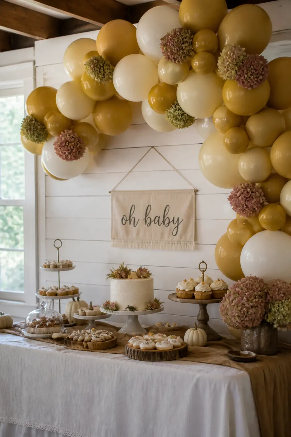 Mustard and Cream Arch Over a Fall Baby Shower Dessert Table with Dried Hydrangea — Frame a dessert table with a mustard and cream arch, and press dried