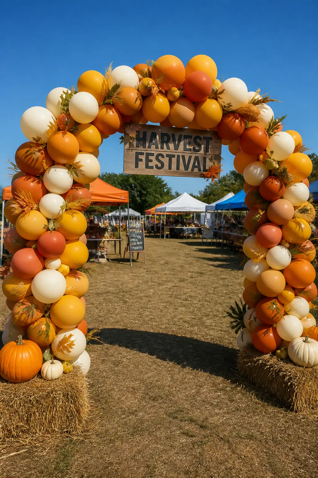 Mustard, Rust and Cream Arch at a School Harvest Festival Entrance — Frame a community or school harvest festival entrance with a large arch in mustard, rust