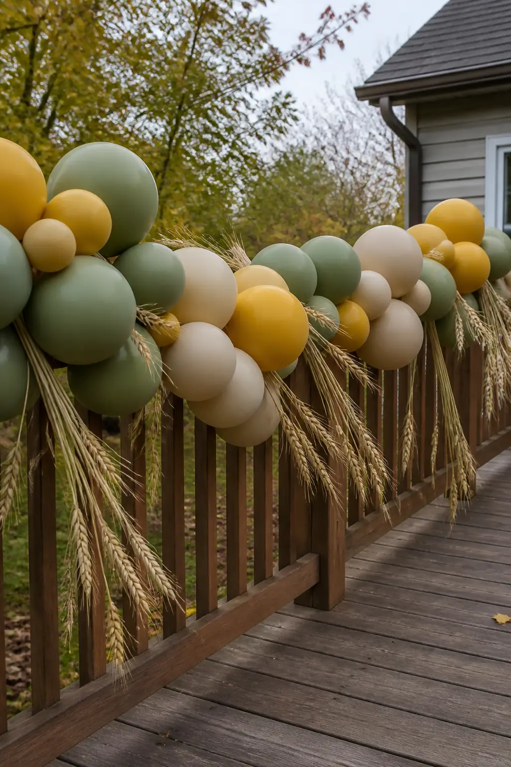 Mustard, Sage and Wood-Tone Garland Along a Porch Railing with Wheat Stems — Run a loose garland along a timber porch railing using mustard, sage and pale