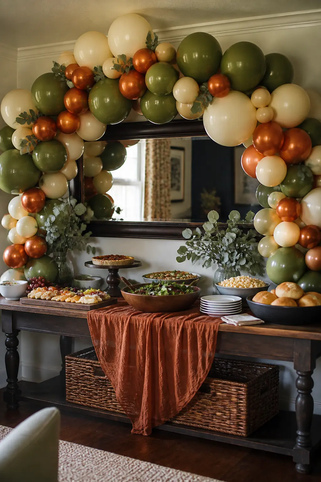 Olive, Cream and Copper Arch Over a Harvest Supper Table with Eucalyptus — Run an olive, cream and copper arch over a harvest supper or buffet table, tucking