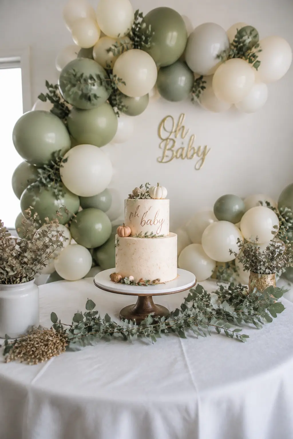 Olive and Cream Garland Behind an Autumn Baby Shower Cake — Build a small half-moon garland behind a baby shower cake using olive and cream balloons, scaled to