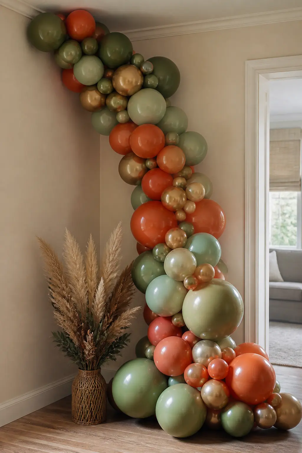 Olive and Rust Cascade Down a Corner with Dried Grasses at the Base — Build a corner cascade in olive and rust, running from the ceiling join of two walls down