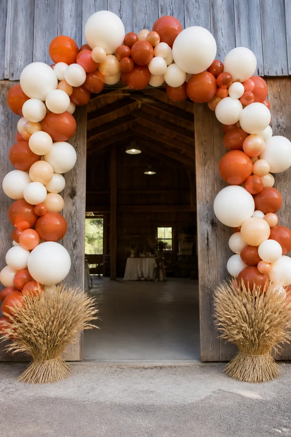 Rust and Cream Arch Over a Barn Doorway with Wheat Bundles at the Base — Frame a barn doorway or a wide indoor entrance with a simple two-colour arch in rust