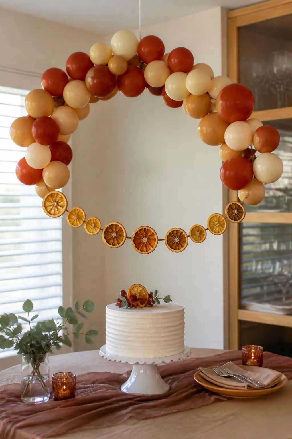 Rust and Cream Circle Above a Cake with Dried Orange Slices Around the Ring — Attach rust and cream balloons around a large embroidery hoop to form a balloon