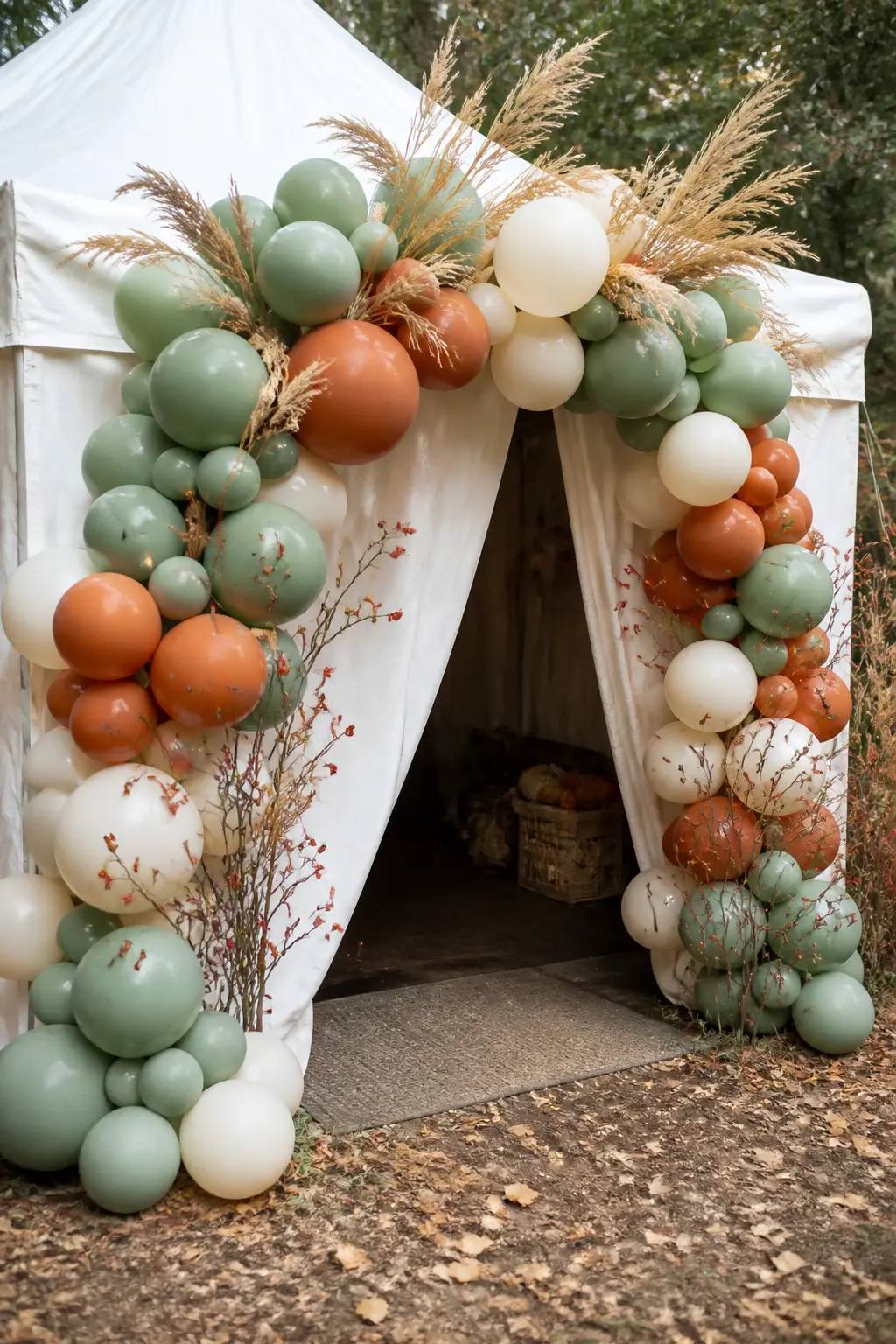 Sage, Cream and Terracotta Arch at a Marquee Entrance with Wheat and Rosehips — Frame the entrance of a marquee or garden tent with a full arch in sage, cream