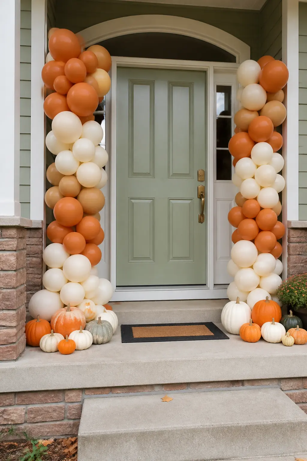 Terracotta and Cream Columns Either Side of a Front Door with Mini Pumpkins — Build two balloon columns flanking a front door, one on each side, in terracotta