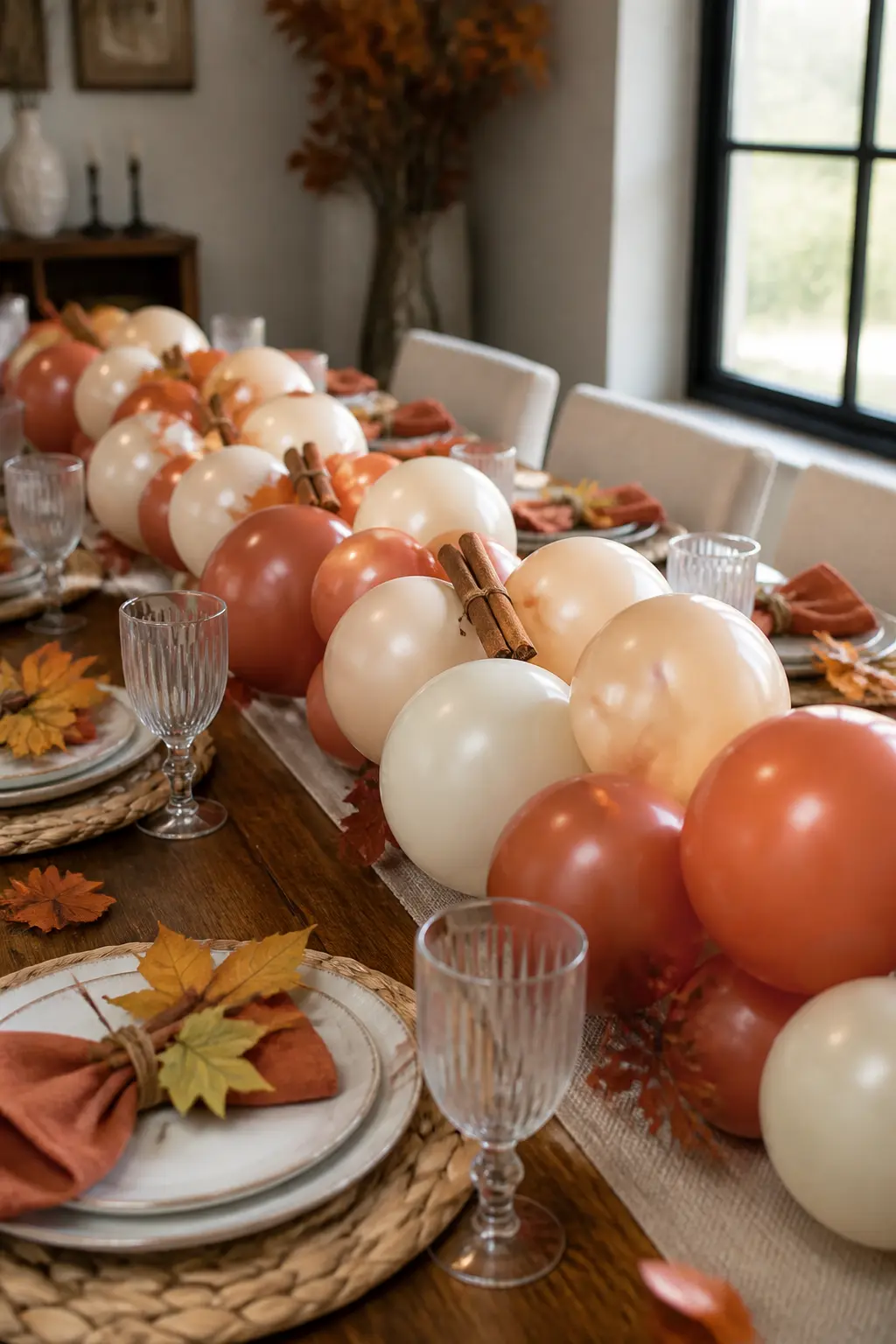 Terracotta and Cream Low Garland Down a Thanksgiving Table with Cinnamon Bundles — Lay a low terracotta and cream balloon garland along the centre of a