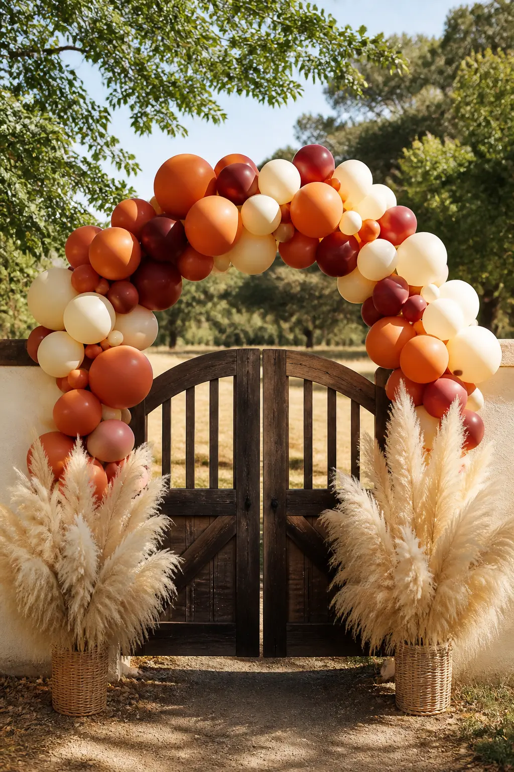 Terracotta, Cream and Rust Over a Garden Gate with Pampas — Mix terracotta, cream and rust balloons in a full arch that spans a wooden garden gate. Fall
