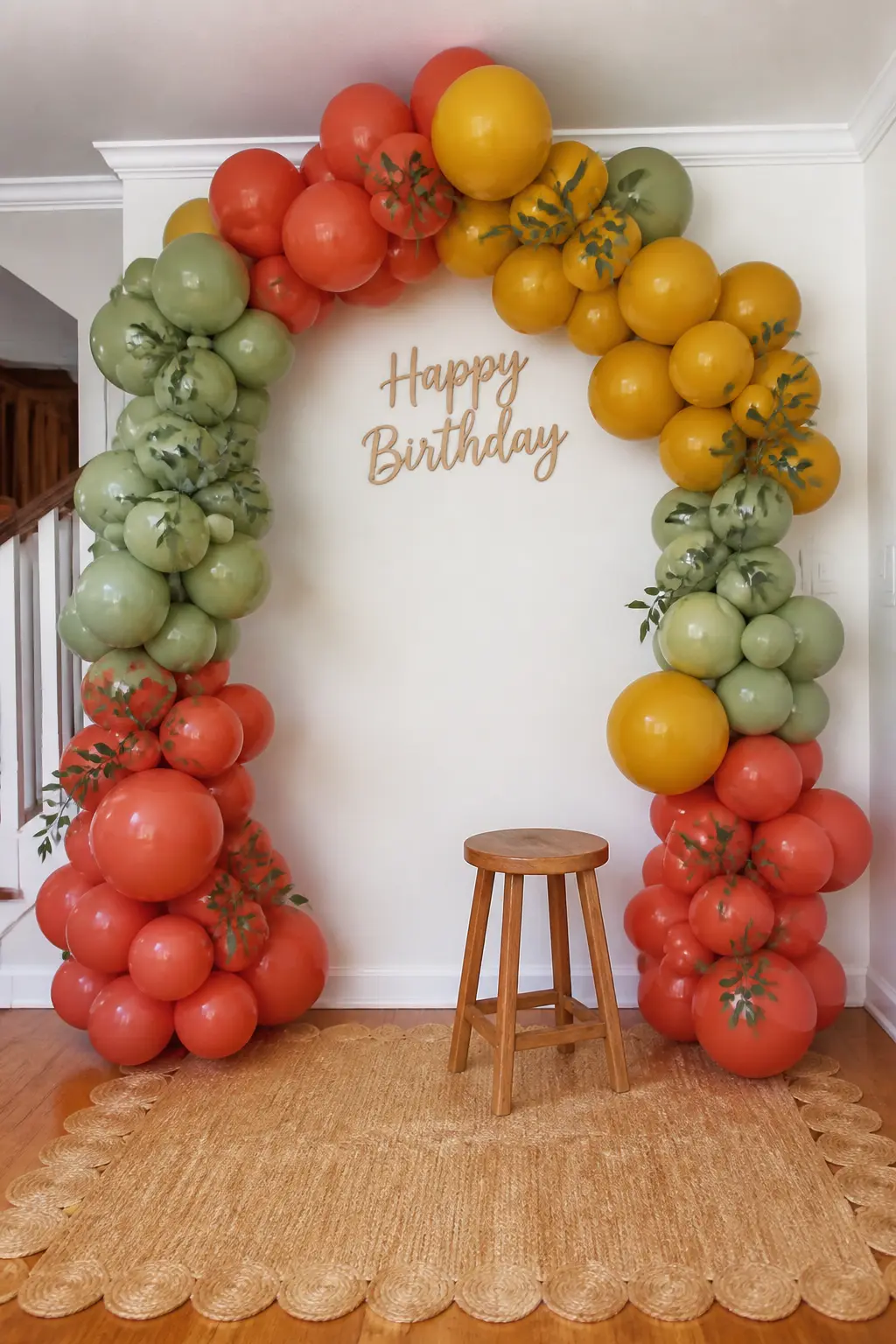Terracotta, Mustard and Sage Arch at a Fall Birthday Photo Corner — Set up a photo corner against a white or linen-coloured wall using a full arch in