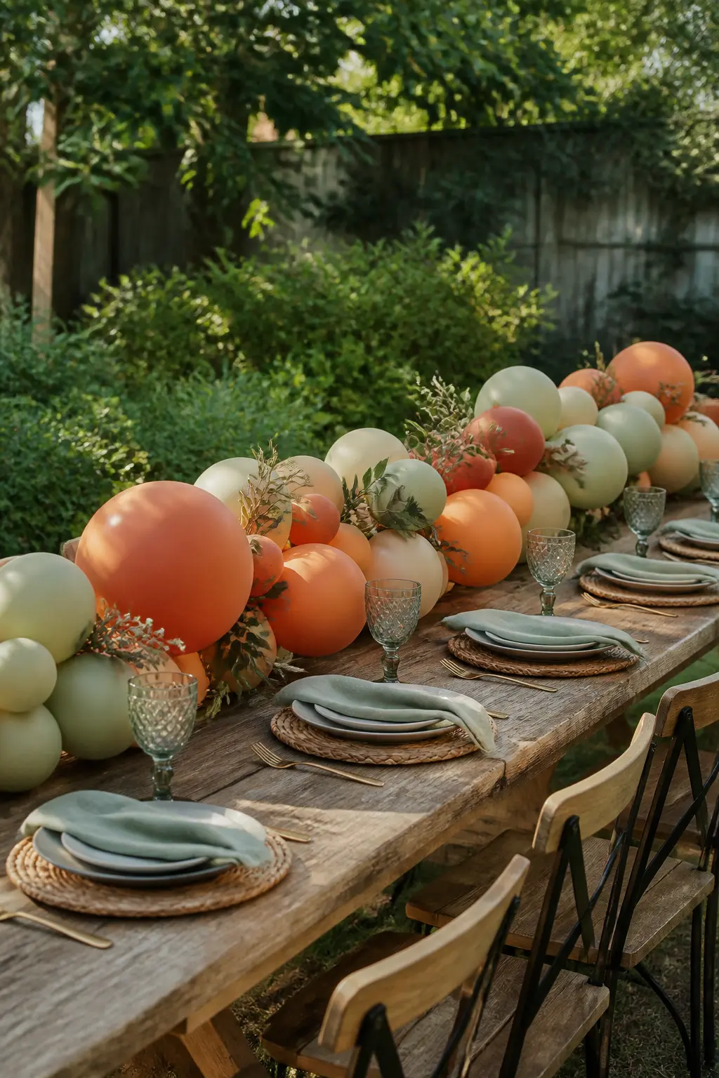 Terracotta and Sage Low Garland Down an Outdoor Harvest Table — For an outdoor harvest supper, run a low terracotta and sage garland along a wooden trestle