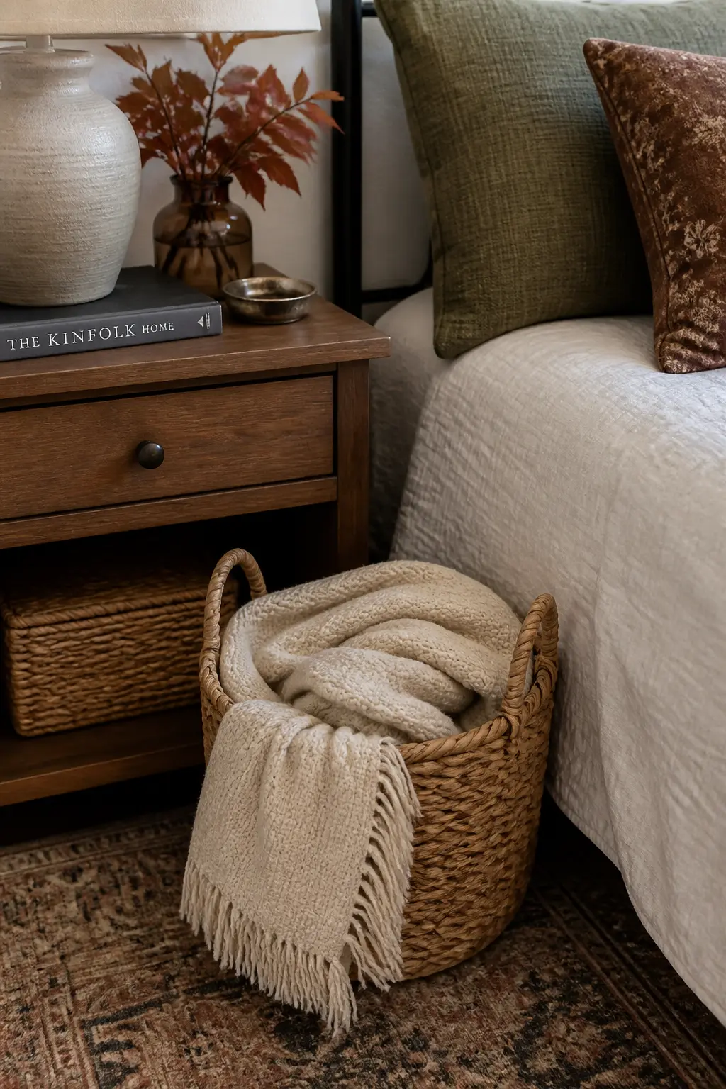 Basket Beside the Bed for the Extra Throw
